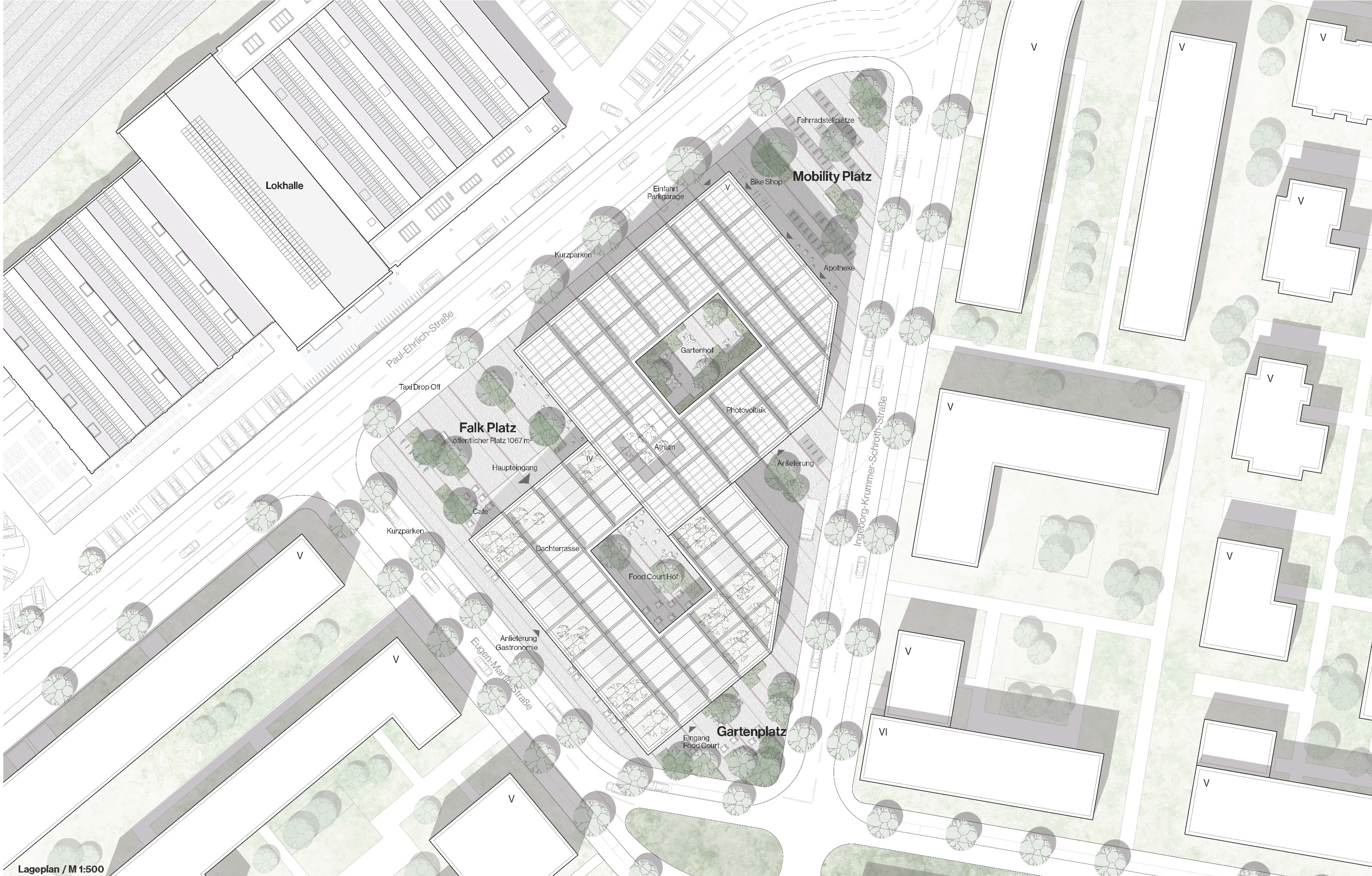 Falk Campus site plan of wo intertwined atrium structures