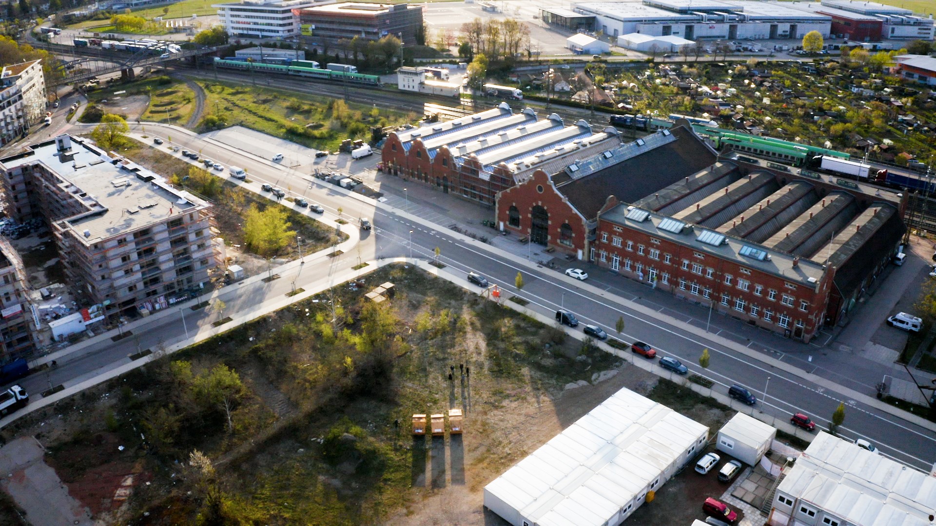 Falk Campus - aerial image of the construction site and historic engine hall